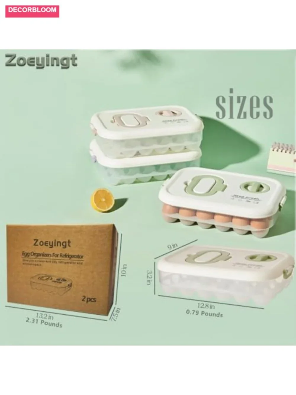 Stackable Egg Organizer with Lid & Handle, Clear Plastic, Pack of 2